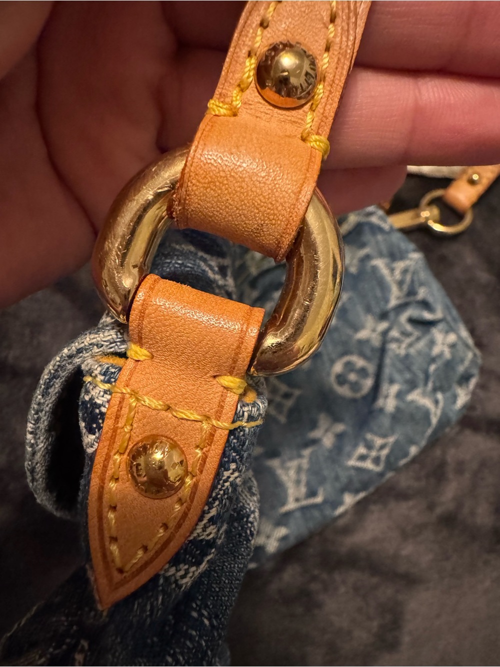 Louis Vuitton Blue Denim Monogram Shoulder Pochette with Tan Leather Strap - Picture 5 of 9